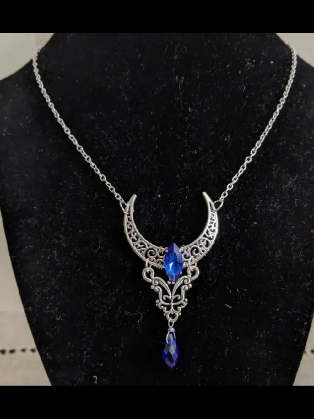 Filigree Crescent Necklace with Blue Pendant